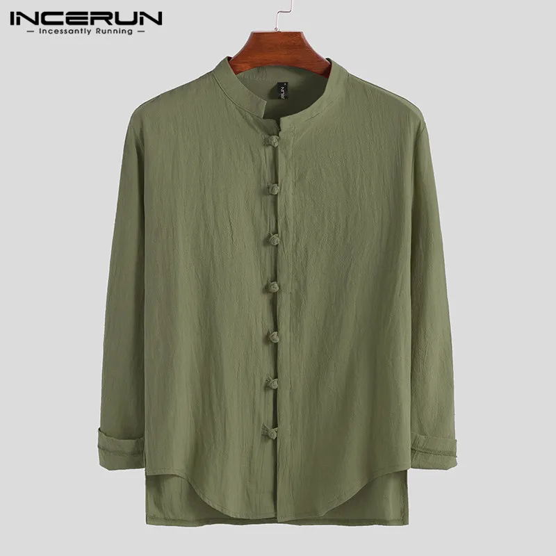 Мужская рубашка в китайском стиле, винтажный хлопок, воротник-стойка, блуза с длинными рукавами на пуговицах, однотонный костюм танга, рубашки для мужчин, Camisa INCERUN - Color: Army Green Shirt
