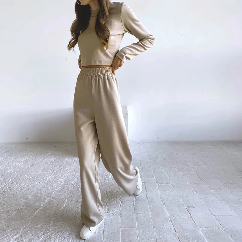 

Women's Solid Color Loose Home Wear 2020 Autumn New Knit Casual Fashion Suit Long Sleeved Furry Trousers Fashion Female Set