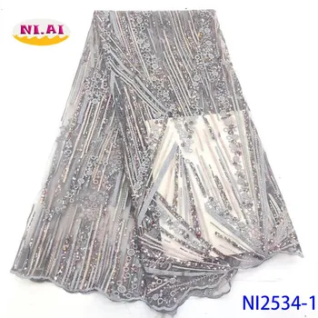 

NIAI Latest African Lace Fabric 2019 High Quality Lace French Embroidery Sequins Tulle Lace Fabric For Nigeria Dress NI2534-1