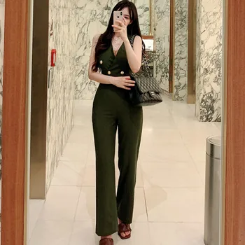 

Korea Summer Sleeveless Double Breasted V-Neck Cloth Women's Green High Waist Slim Long Jumpsuits