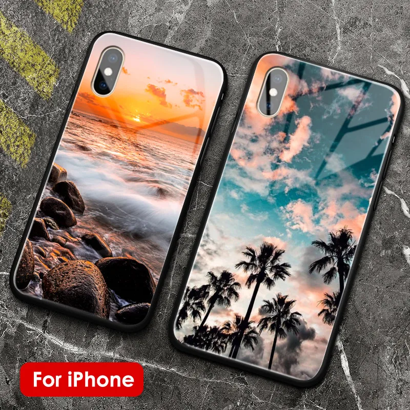 

Ocean Summer vibes sunset Soft silicone Glass shell phone case cover for iPhone 5 5s Se 6 6s 7 8 Plus X XR XS 11 Pro MAX