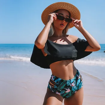 

High Waist Bikini 2020 Mujer Ruffle Off-Shoulder Swimwear Women Floral Two Pieces Swimsuit Flounce Bandeau Bikinis Set Female