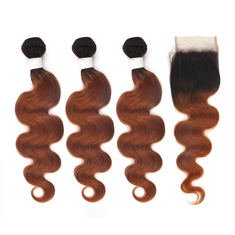 Brazilian Body Wave Bundles With Closure T1B/27 30 Ombre Blonde Brown Human Hair Weave Bundles With Closure Non-Remy Hair SOKU