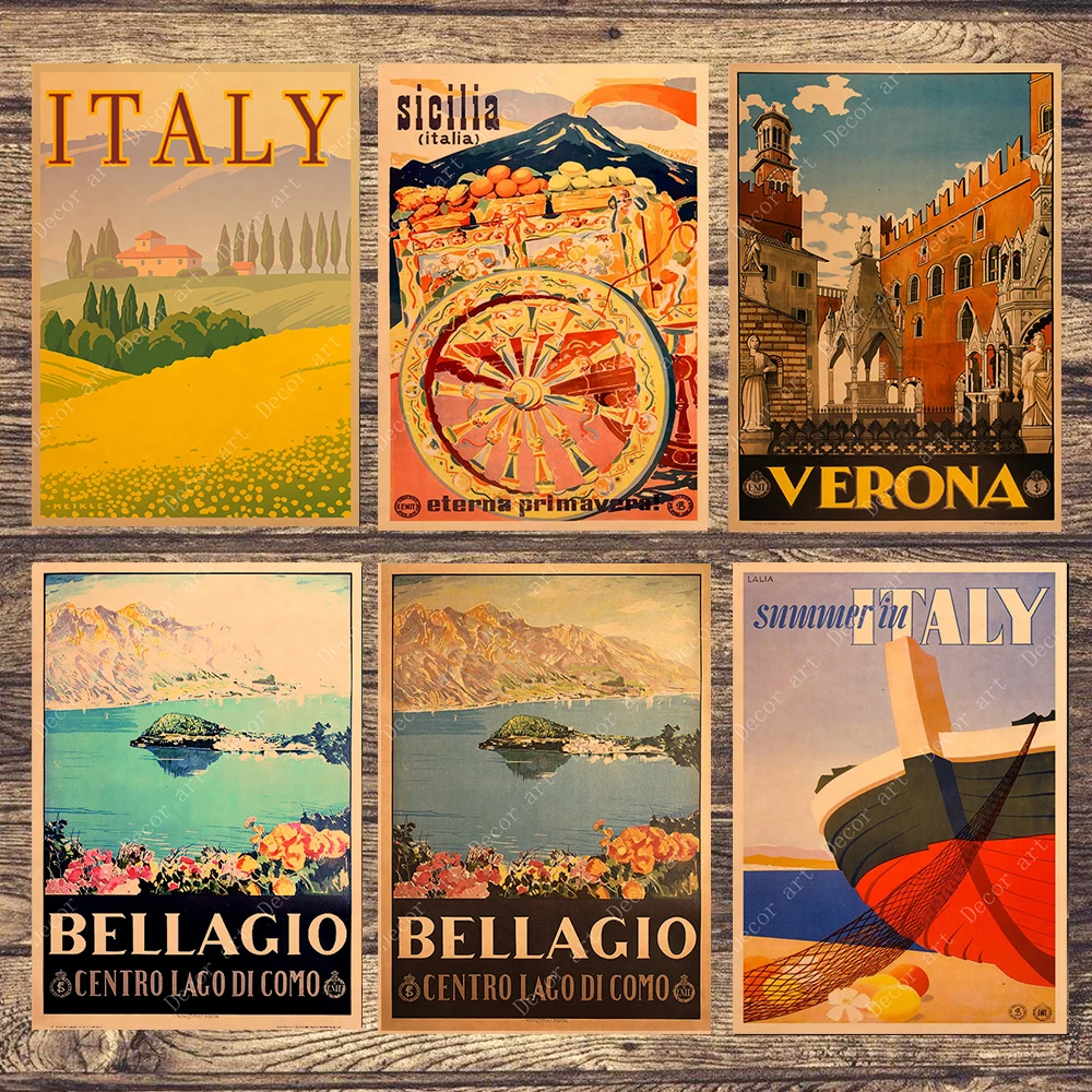 

Travel to Italy Bellagio Town Canvas Painting Vintage Wall Pictures Kraft Posters Coated Wall Stickers Home Decoration Gift