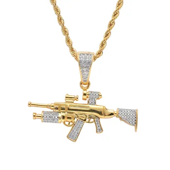 

Hip Hop Jewelry High Quality Iced Out Chain 18K Gold Plated Bling CZ Simulated Diamond Hip-hop Sniper Rifle Pendant Necklace