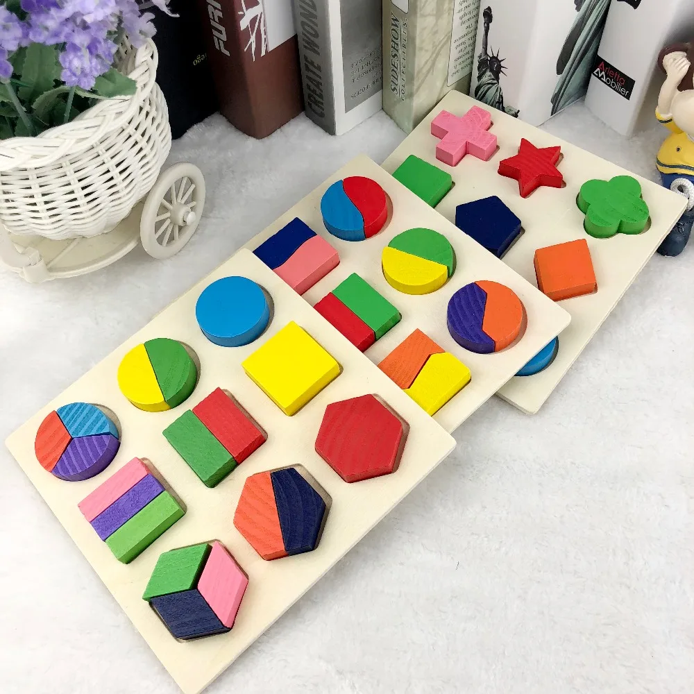 Formas geométricas de madera из Puzzle Монтессори clasificación de ladillos de matemáticas aprendizaje preescolar juego educ