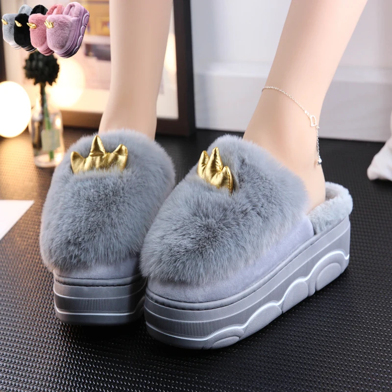 Женские тапочки с искусственным мехом зимние теплые хлопковые на толстой