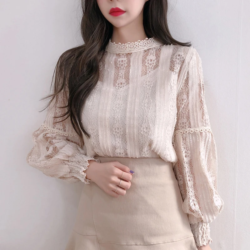 Blusas mujer de moda, женские топы с длинным рукавом, кружевная блузка, рубашки для женщин, топы, сплайсированные одноцветные Женские топы со стойкой, розовые 6899 50