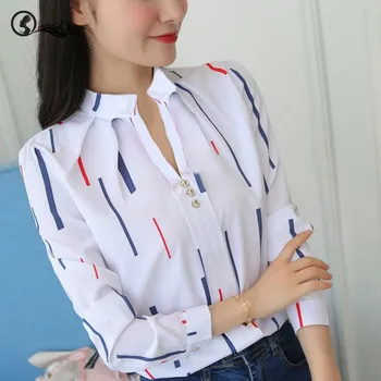 

Spring Autumn Blouse Women New Print Temperament Wild Striped Long-Sleeved Shirt Loose White Casual Shirt Women's Clothing