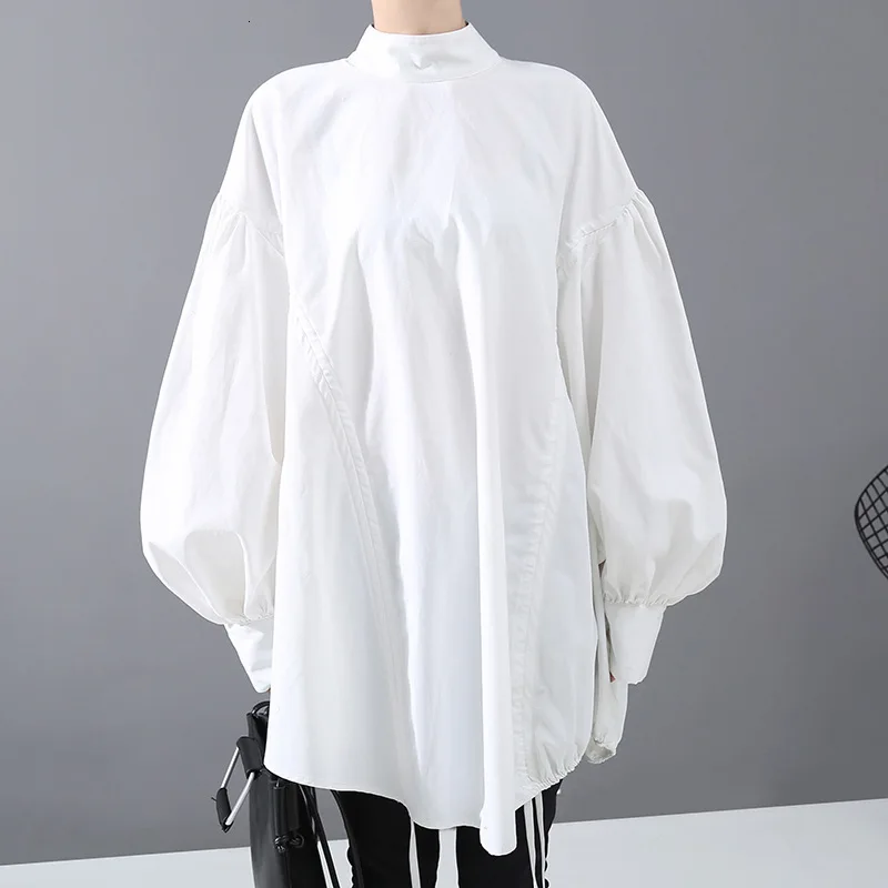  [EAM] Women Back Long Drawstring Big Size Blouse New Satnd Collar Long Sleeve Loose Fit Shirt Fashi