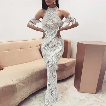 

OUSHANG Tassel Sexy Long Dress Women Off Shoulder Party Maxi Dress Fashion White Lace Clubwear Dress Female Bodycon