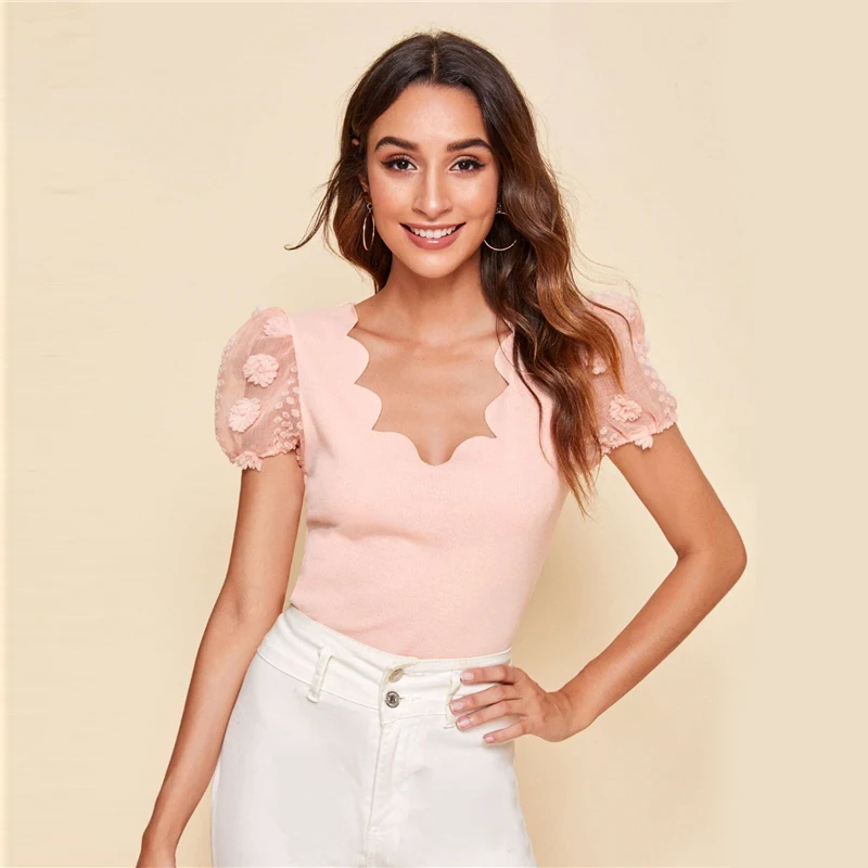 COLROVIE Scallop Edge Applique Puff Sleeve Solid Top Rib-Knit Elegant T Shirt Women 2020 Summer Slim Fit Office Ladies T-shirts