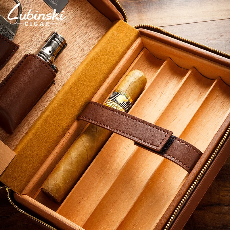 Lubinski кожаный кедр выстроились путешествия портсигар чехол Humidor с резак Зажигалка увлажнитель воздуха открытый портативный набор для COHIBA сигары
