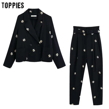 

toppies women's set embroidered two piece set double breasted shirt blazer sweatpants leisure ladies suits