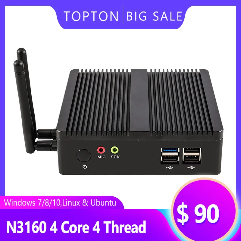 TOPTON безвентиляторный мини ПК Celeron j1900 четырехъядерный процессор 2 0 ГГц 8 ГБ ОЗУ 128