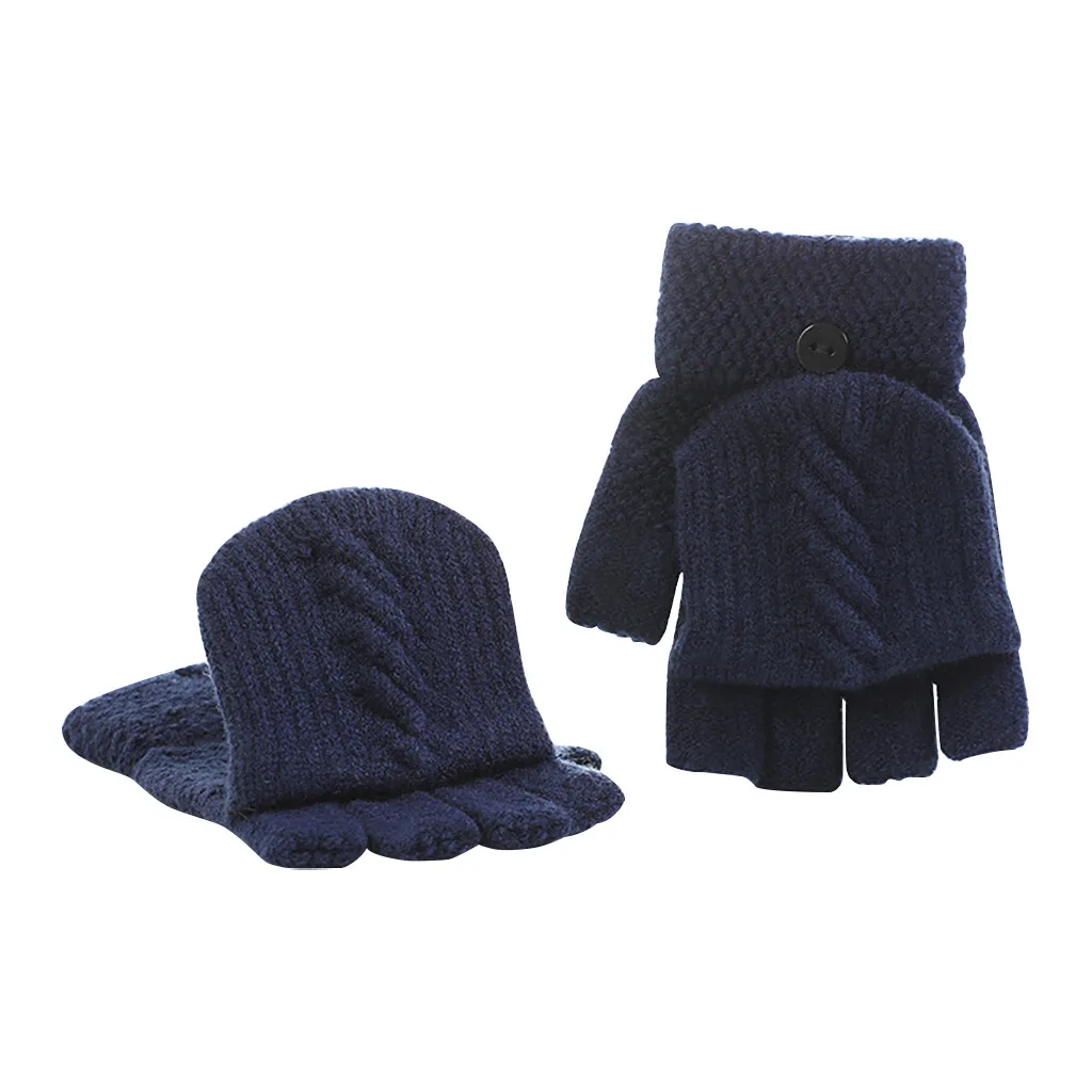 Новые зимние женские зимние перчатки, теплые перчатки с открытыми пальцами, Женские однотонные вязаные теплые зимние варежки, перчатки для девочек - Цвет: Тёмно-синий