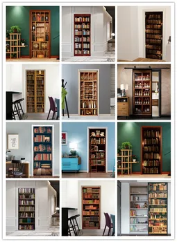 

77x200cm 3D Vintage Bookshelf Wine Cabinet Door Sticker For Living Room Bedroom PVC Adhesive Door Wallpaper Home Decor z1217#4