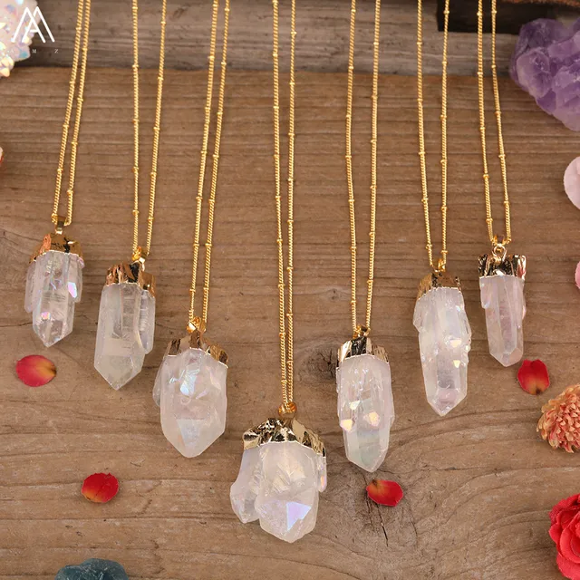 Titanium AB Natural White Quartz Irregular Point Pendant Gold Chains Necklace For Women Quartz Crystal Beads Adjustable Necklace Gold