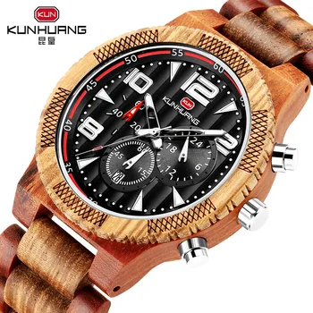 

Multifunction Men Wood Watch Wooden Zebra Red Sandalwood Luminous Luxury Quartz Wrist Watches Business 24 Hours Display Watches