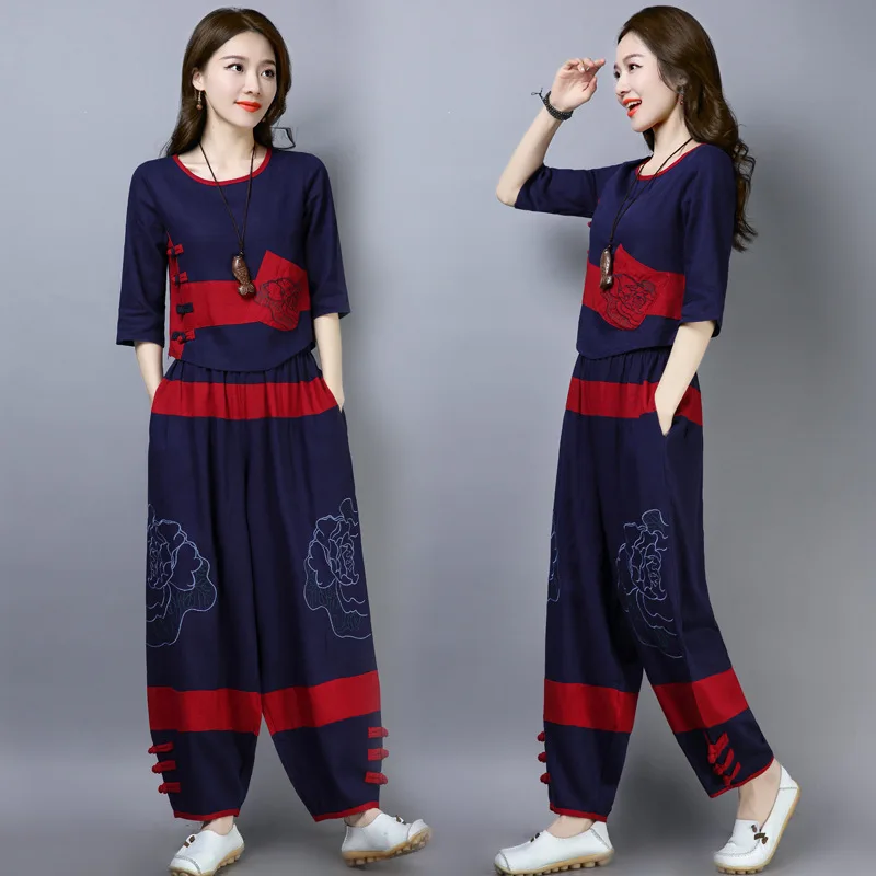 

New Style Ethnic-Style Embroider Jacket Elastic Waist Embroidery Cotton Linen Breathable Pants WOMEN'S Suit