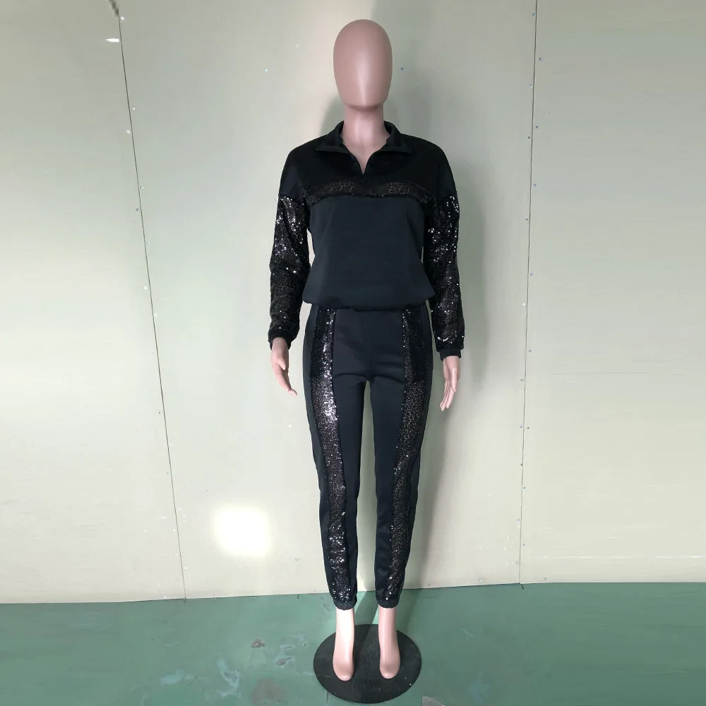 Abasona Autumn Women Winter Long Sleeve Vintage Sexy Bodycon Jumpsuits Party Night Club 2 Pieces Sequins Playsuits Overalls