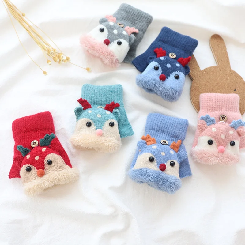 Gloves Mittens Winter Kids Girls Boys Children Warm for Soft Thicken 4-8Y Flap Half-Finger