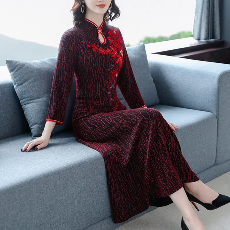 ASYH-8218# китайские Cheongsam платья матери невесты с вышивкой Длинные Бордовые Свадебные платья размера плюс Одежда для хора