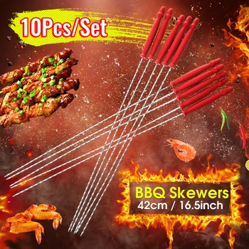 

10 Pcs 42cm Barbecue Stick BBQ Roasting Needle With Handle Brochette Tong Kebabe Skewers Stainless Steel Reusable Roasting Tools