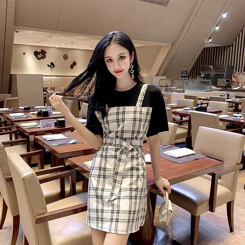 

2019 Summer Wear New Style Korean-style French Slimming fu gu qun Popular Mock Two-Piece Suspender Skirt Women's