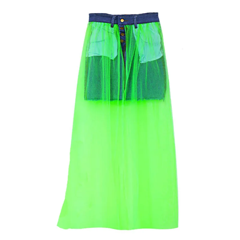 Fluorescent green Сетчатые прозрачные Соединенные макси Длинные Юбки Высокая Талия Джинсовая юбка для женщин леди пляж клуб высокий разрез пикантное кружево тюль юбки Femme одежда - Цвет: Fluorescent green