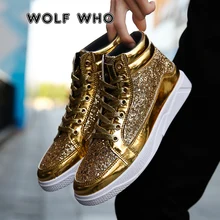 WOLF WHO 2020 Men PU Leather Casual Shoes hip hop Gold Fashion Sneakers Male Silver microfiber high tops Sequin Male Shoes X 058|Men's Casual Shoes|   - AliExpress