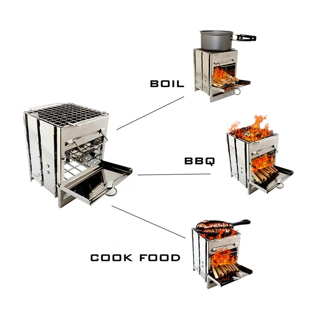 Outdoors Folding Camping Stove Grill Wood Stoves Stainless Steel Burning Mini BBQl with Carry Bag Hiking Camping Cooking Tools