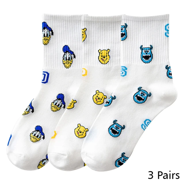 8 Pairs Disney Cartoon Socks Cute Mickey Minnie Daisy Donald Winnie Piglet Print White Funny Harajuku Fashion Kawaii Girl Sock HD016
