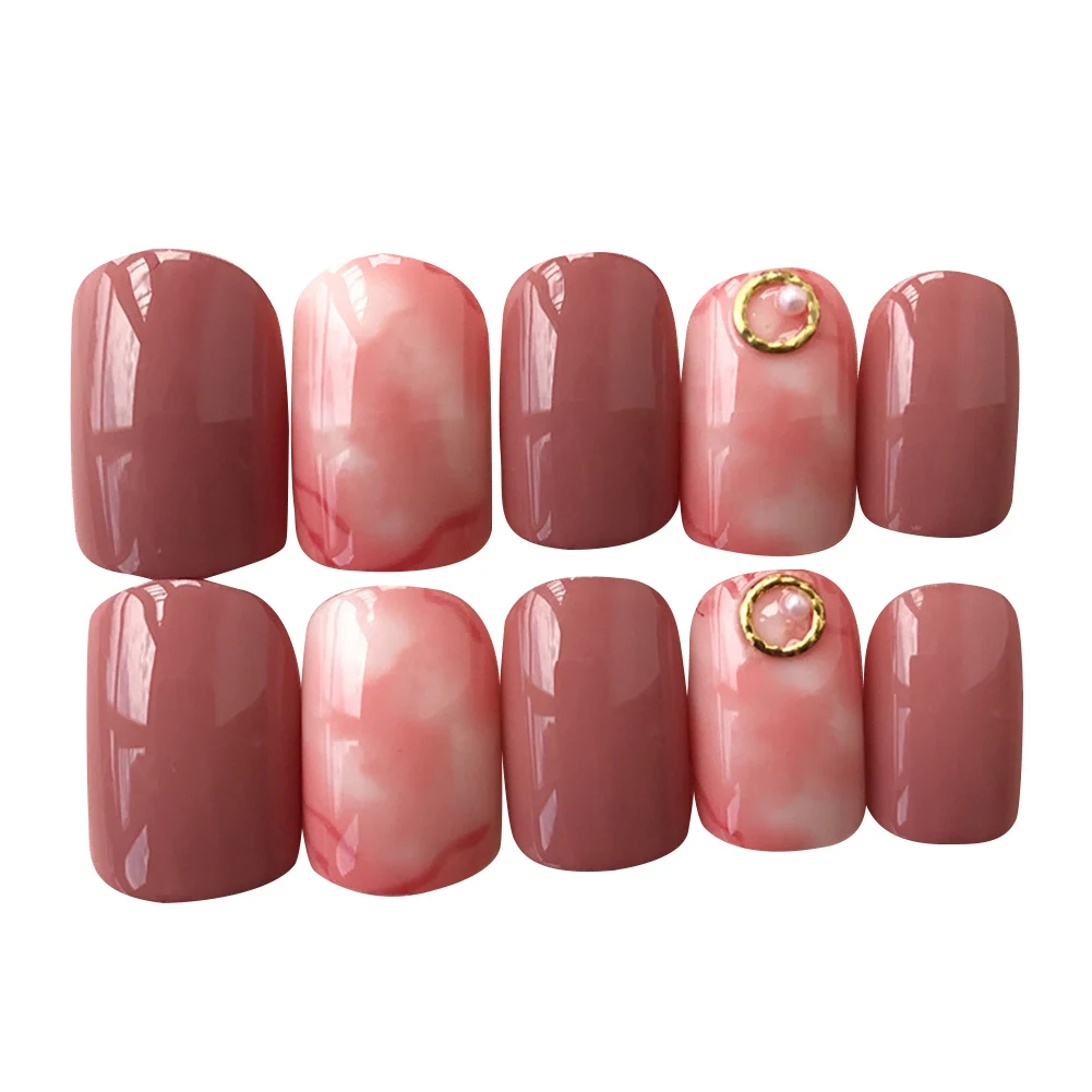24PCS Short Party Dyeing Pink Wedding Decorated Nail Tip Art Solid Rhinestone Pearl Daily Wear False Fake Design Full Cover