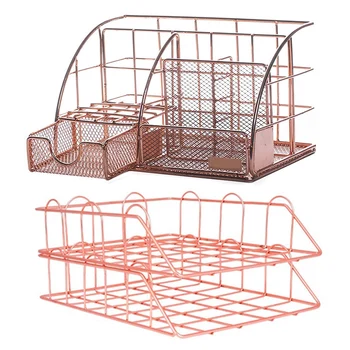 

1x Rose Gold Ladies Desktop Storage Box, Multi-Purpose Desktop Storage Box, with Pen Holder& 1 Set Of 2 Office Metal Stackable F