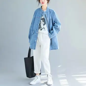 

2019 Women Fashion Autumn Winter Long Sleeve Denim Jacket Vintage Pockets Plus Size Coat Loose O-Neck Jean Jackets