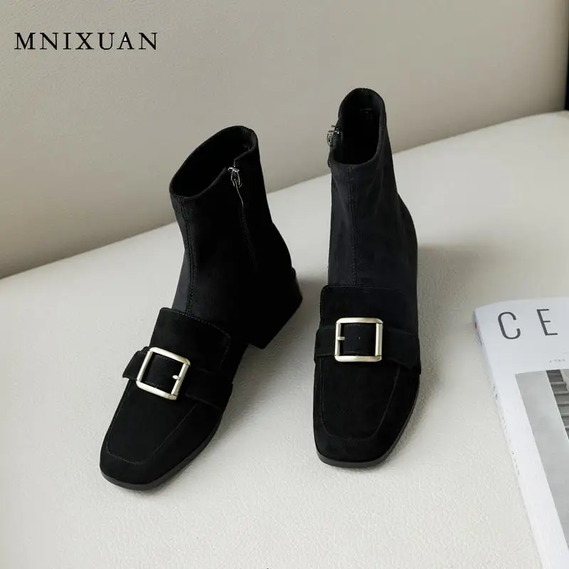MNIXUAN/ковбойские ботинки; модная женская обувь; коллекция года; новые зимние ботильоны из натуральной кожи с круглым носком на блочном каблуке; размеры 40