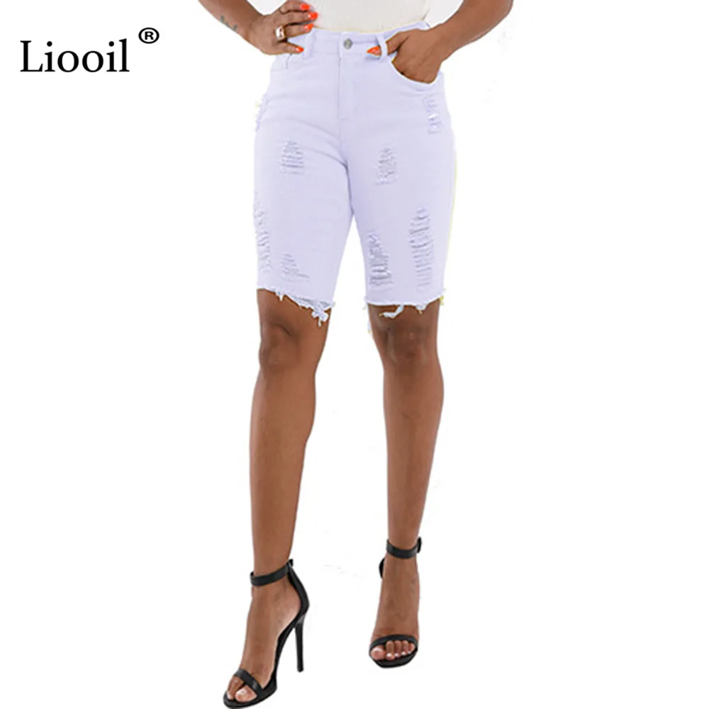 Liooil Sexy Skinny Denim Jeans Womens With Pockets Holes High Waist Knee Length Pants Bottoms Wash Distressed Jean Trousers