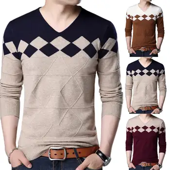 

Chic Men V Neck Long Sleeve Color Block Pullover Knitwear Elastic Slim Sweater