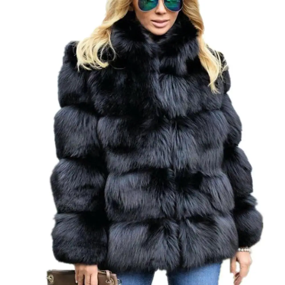 Женская зимняя Роскошная Шуба из искусственного лисьего меха, тонкое пальто с длинным рукавом и воротником, куртка из искусственного меха, верхняя одежда для женщин, пальто из искусственного меха - Цвет: Black