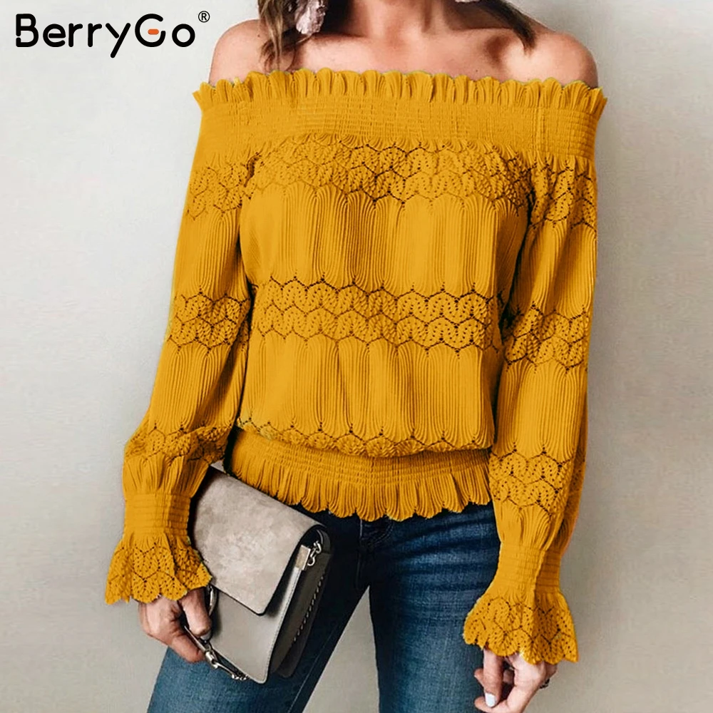 BerryGo, элегантная женская блузка с открытыми плечами, кружевная эластичная рубашка, Осень-зима, офисные женские блузки, женские топы с оборками