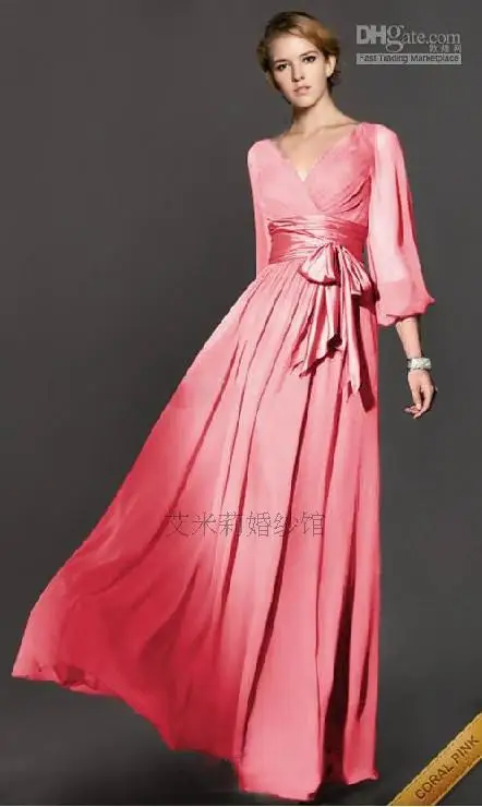 Robe de soiree, модное платье abendkleider, с длинным рукавом, с бантом, с поясом, шифоновое, vestido de festa, вечерние платья, вечерние платья для матери невесты - Цвет: Розовый