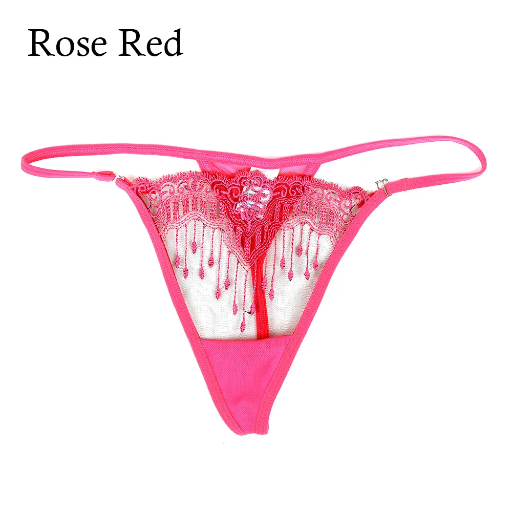 Rose red Женское сексуальное кружевное нижнее белье стринги с вышивкой и кисточками, женские сексуальные эротические прозрачные трусы, нижнее белье, ночное белье - Цвет: Rose red