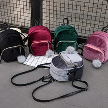 Women Backpacks Velvet Backpack Veludo Schoolbag Zipper With Pompom Fashion Casual Mini Backpacks Female Bags