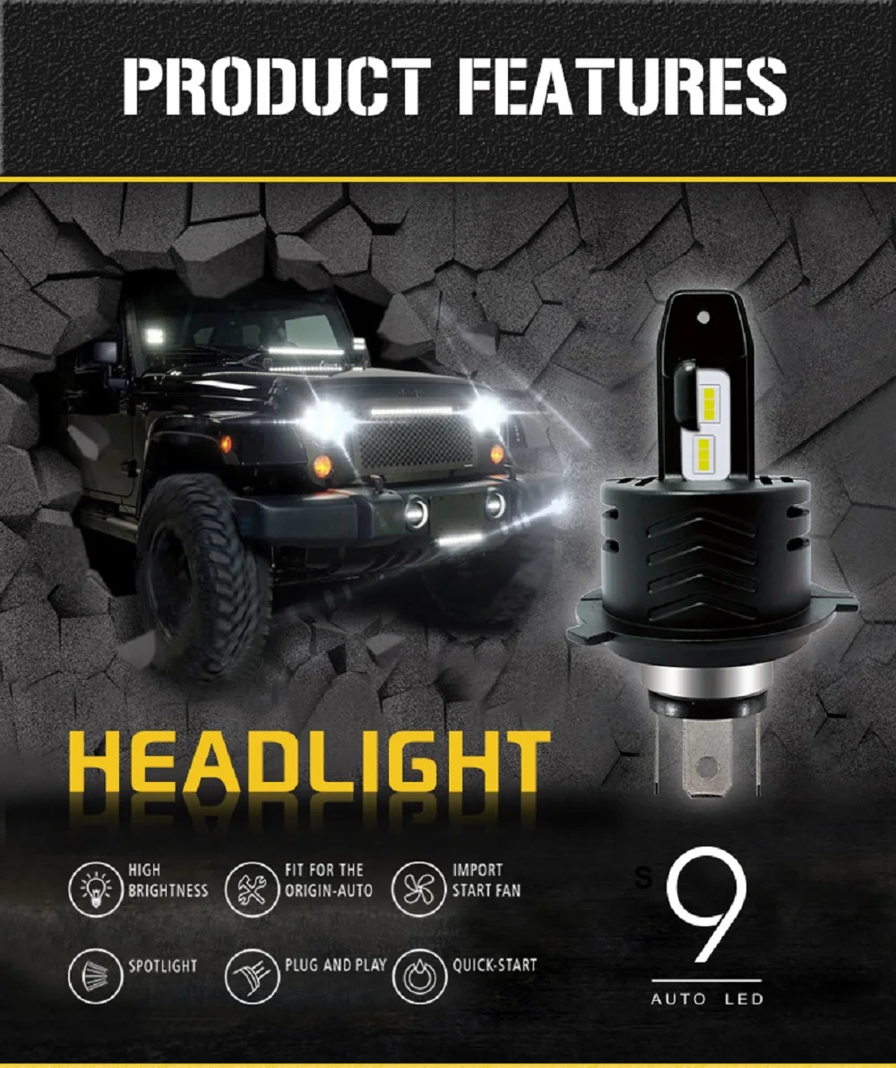 EURS 9, футболка с принтом "автомобиль" Headllight H7 светодиодный H4 светодиодный лампы H1 H11 HB3 9005 HB4 9006 9012 60 Вт 12000LM 6500 к противотуманная фара DC 12V авто фары лампы