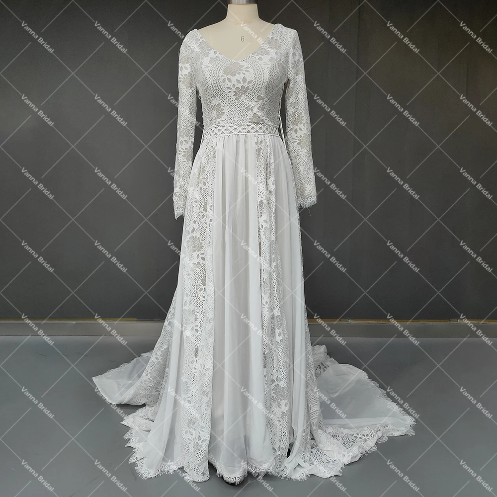 Hippie Boho Beach Elopement Backless Wedding Dress Chiffon Seaside Long Sleeves Big Size Photoshoot V Neck Lace Luxe Bridal Gown