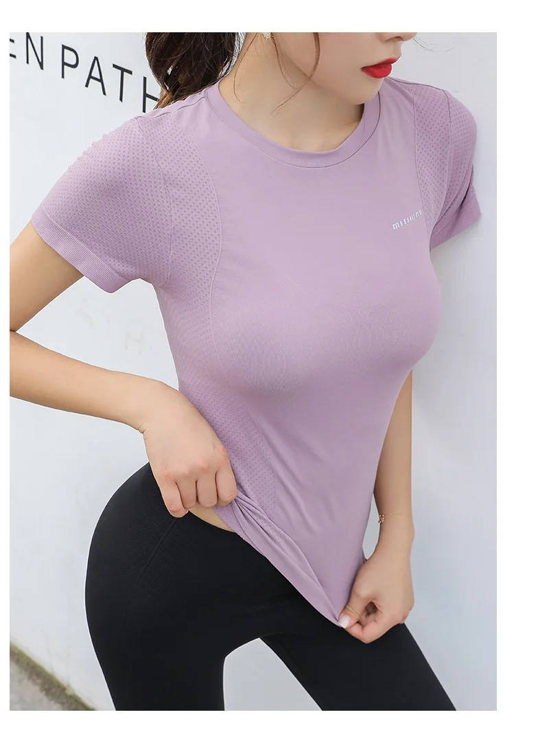 Peeli Letter Print Sport Shirts Solid Color Women Workout Top High Elastic Gym Yoga Top Running Breathable short sleeve T-Shirts