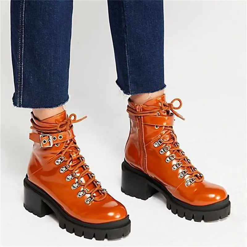 Tanie DAHOOD damskie buty motocyklowe skóra ekologiczna na jesień okrągłe Toe zasznurowane buty bojowe dziewczęce czółenka damskie biurowe formalne buty śnieżne