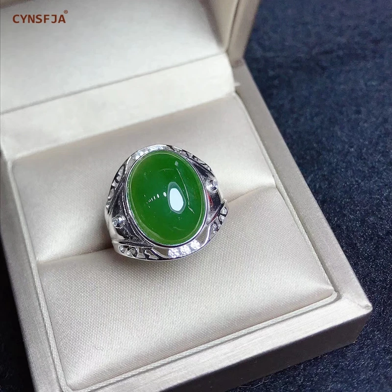 CYNSFJA настоящий Сертифицированный натуральный Хотан Jade Jasper инкрустированный 925 пробы Серебряный Мужской Амулет зеленый нефрит кольца регулируемые лучшие подарки