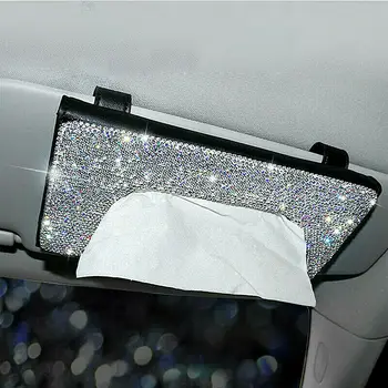 

Car Interior Bling Bling Diamond Sun Visor Leather Tissue Box Holder Paper Napkin